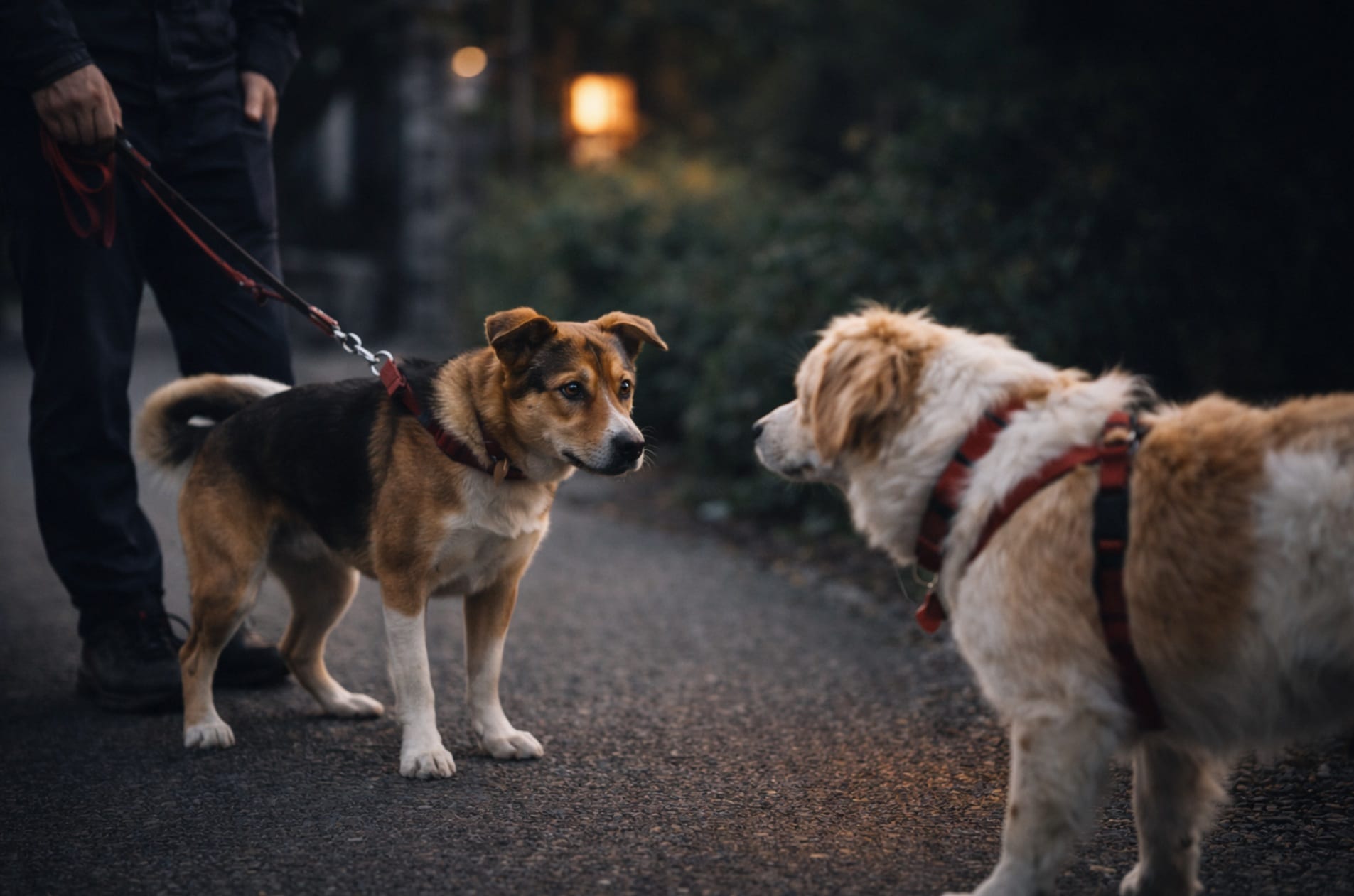 Cane al guinzaglio mostra segnali di aggressività controllata verso un altro cane in ambiente sicuro