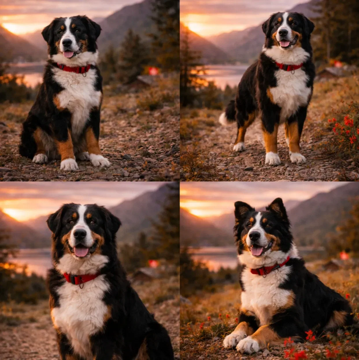 Bovaro del Bernese allevati in Ticino con mantello tricolore nero bianco e fulvo in paesaggio alpino svizzero