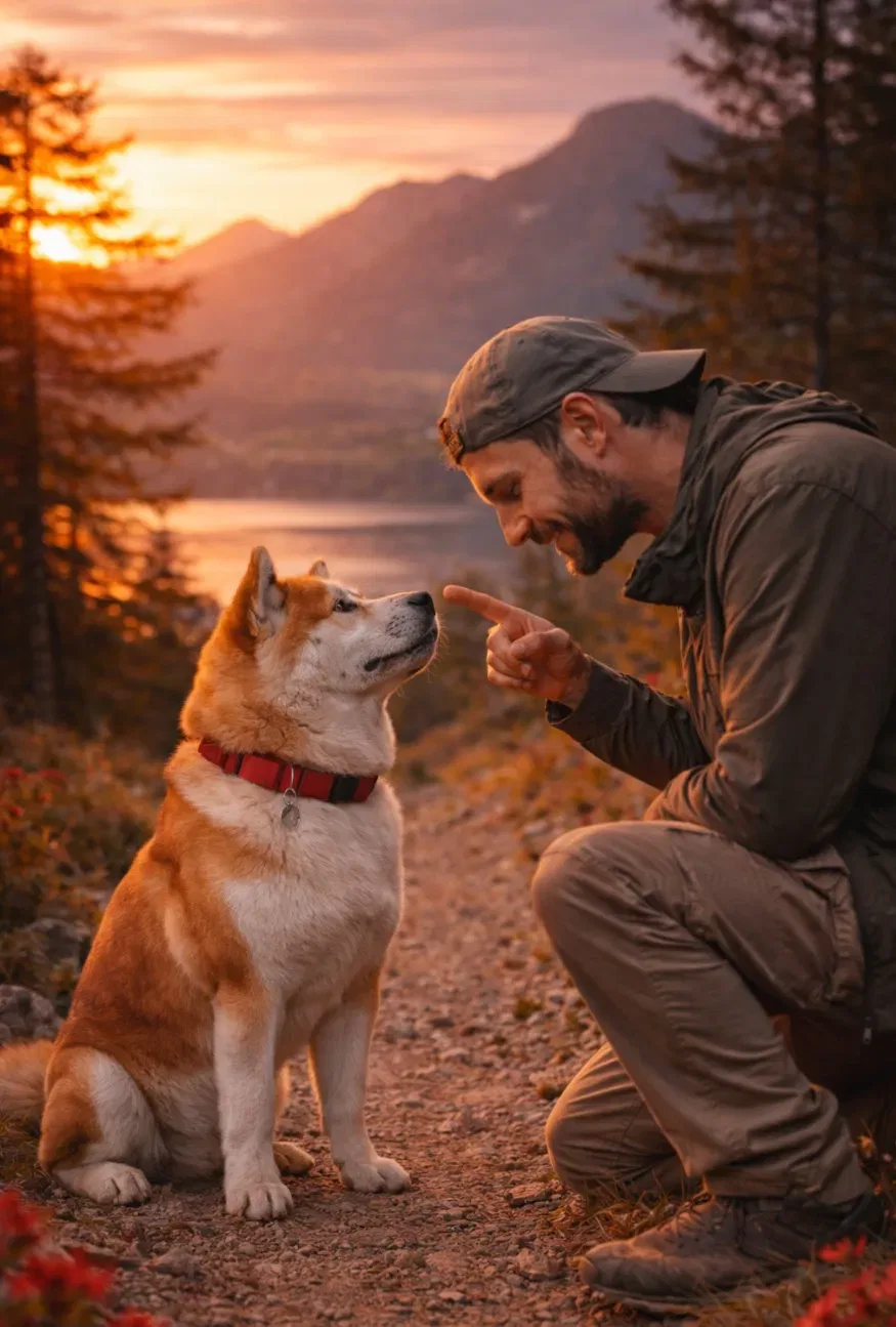 Akita Inu rosso e bianco seduto su sentiero di montagna con proprietario al tramonto nelle Alpi, immagine allevamento Akita Inu in Ticino