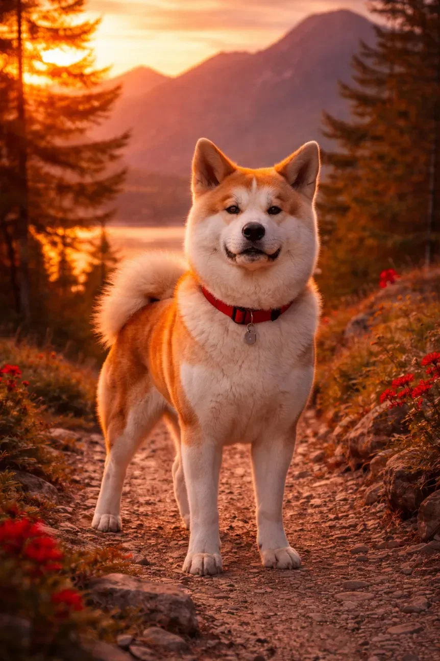Akita Inu rosso e bianco in piedi su sentiero di montagna al tramonto nelle Alpi, immagine per allevamento Akita Inu in Ticino