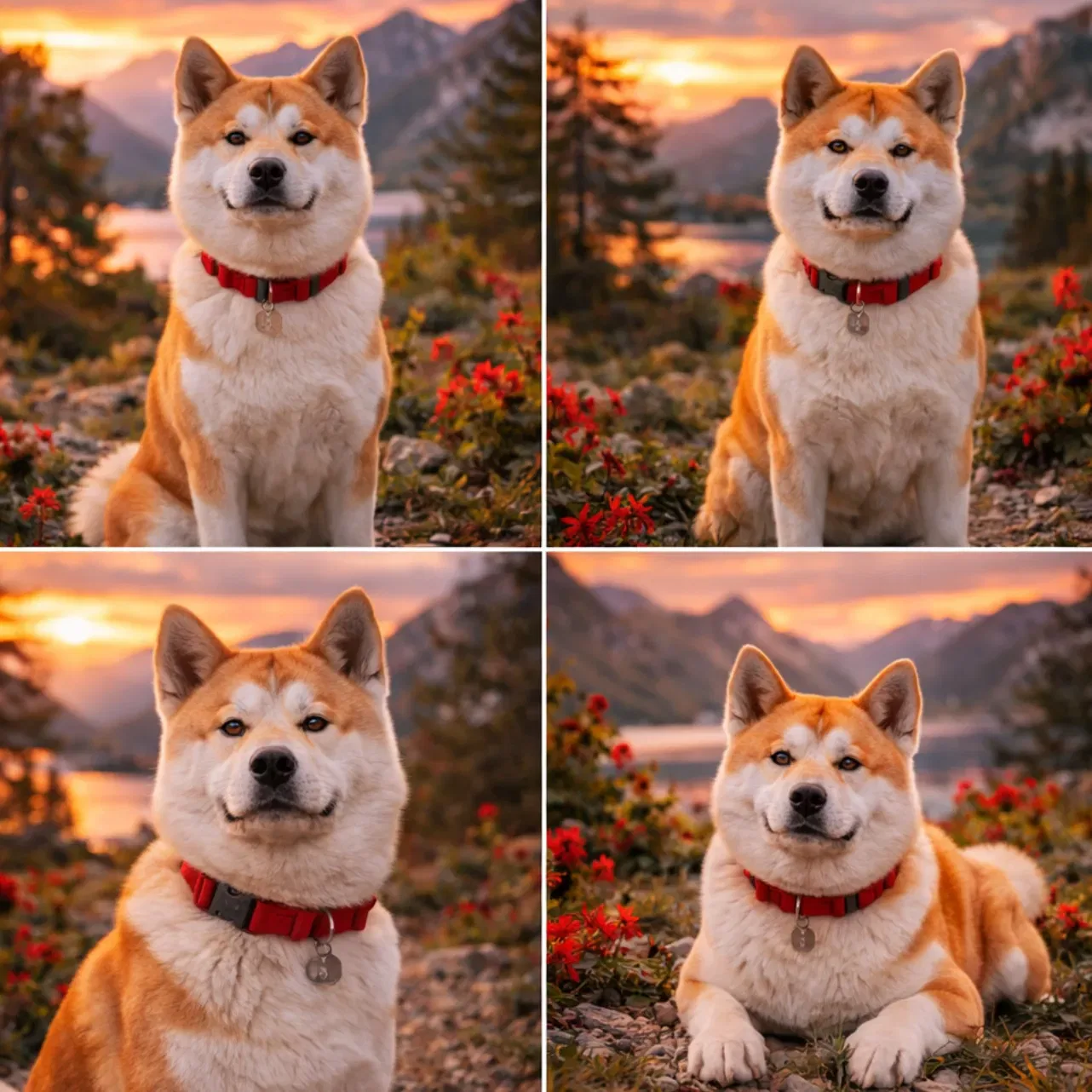 quattro Akita Inu rosso e bianco in ambiente alpino al tramonto nel nostro allevamento Akita Inu in Ticino