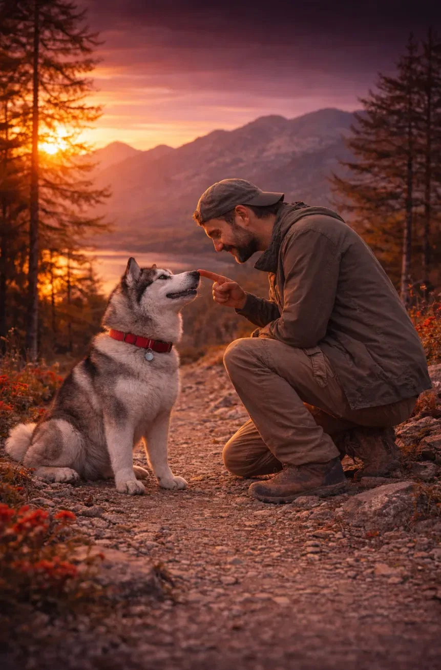 Alaskan Malamute seduto su sentiero di montagna mentre interagisce con il proprietario al tramonto nelle Alpi del Ticino