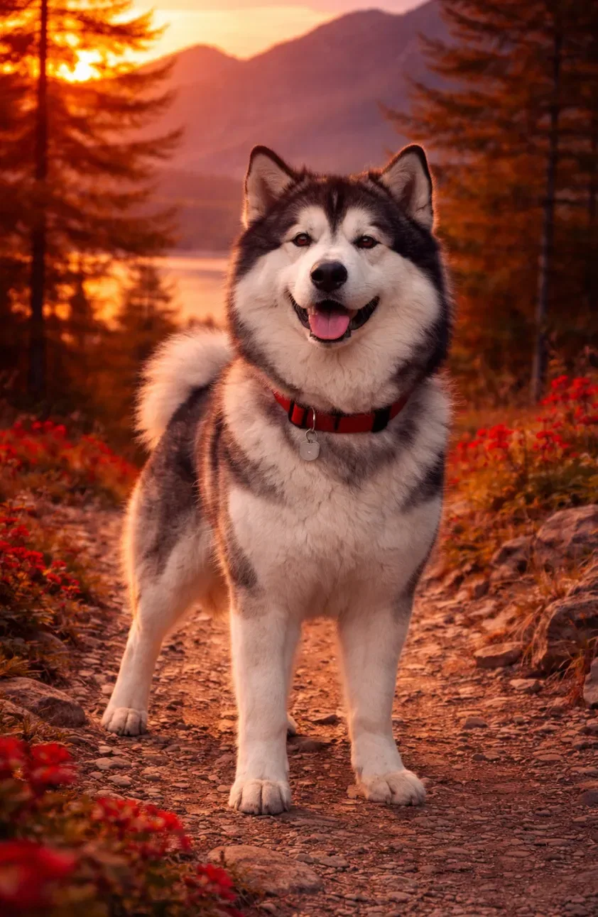 Alaskan Malamute su sentiero di montagna al tramonto nelle Alpi del Ticino