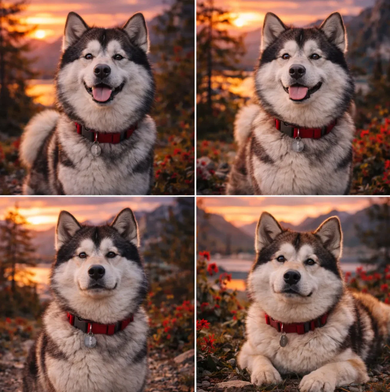 Quattro Alaskan Malamute in ambiente alpino al tramonto con colori rossi caldi, cani nordici robusti e dal carattere equilibrato selezionati in allevamento in Ticino