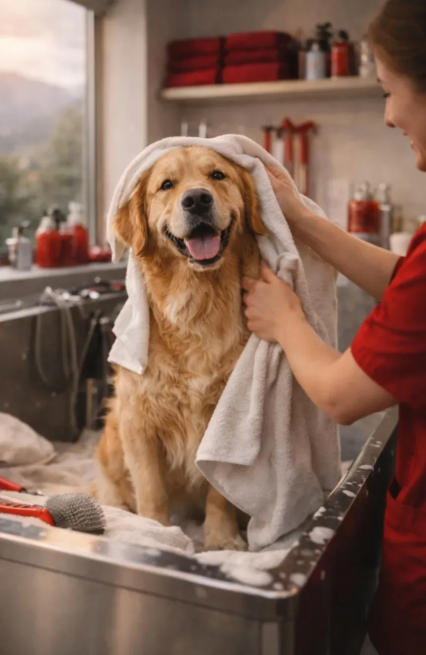 Cane durante una sessione di toelettatura professionale in Ticino con groomer che asciuga il mantello dopo il bagno