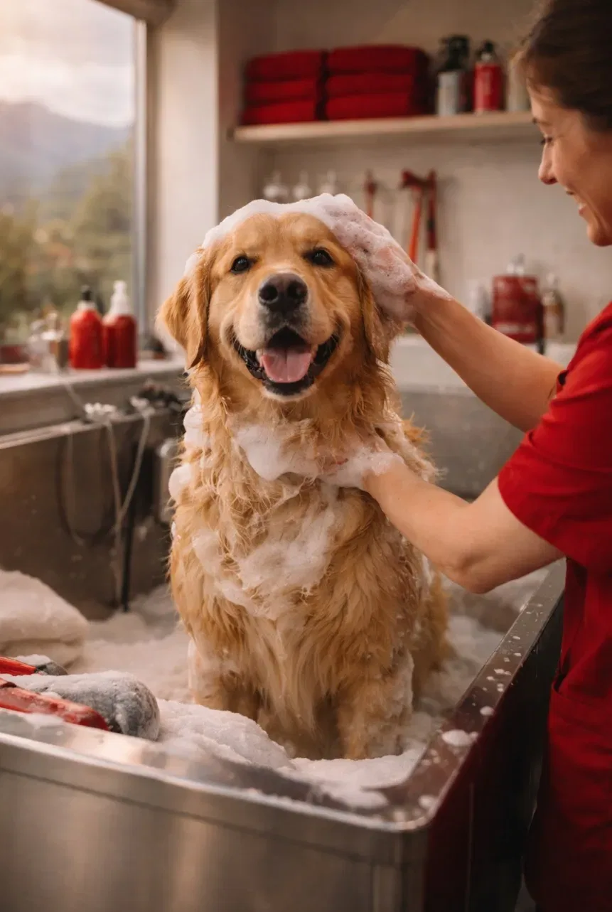 Cane durante il bagno in una sessione di toelettatura professionale in Ticino con groomer che lava il mantello
