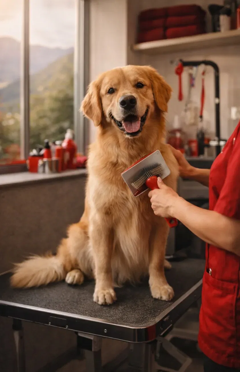 Cane durante una sessione di toelettatura professionale a Riviera con groomer che spazzola il mantello in un salone pet