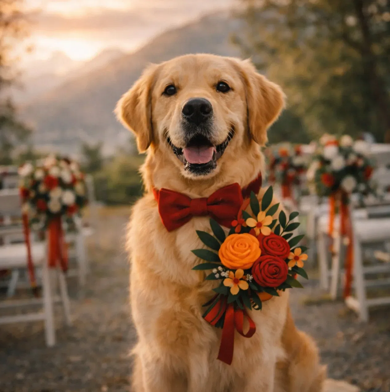 Cane con papillon e bouquet decorativo, pronto per il matrimonio nel Ticino.
