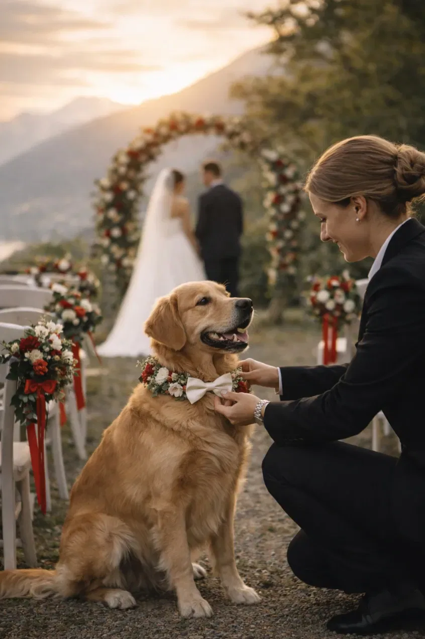 Dog sitter con il cane mentre assiste gli sposi durante le foto all'ingresso della chiesa nel Ticino.
