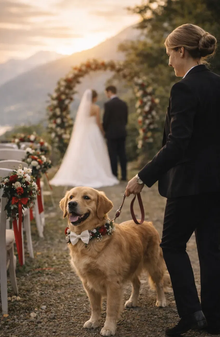 Cane elegante con collare floreale accanto agli sposi felici durante un matrimonio nel Ticino.