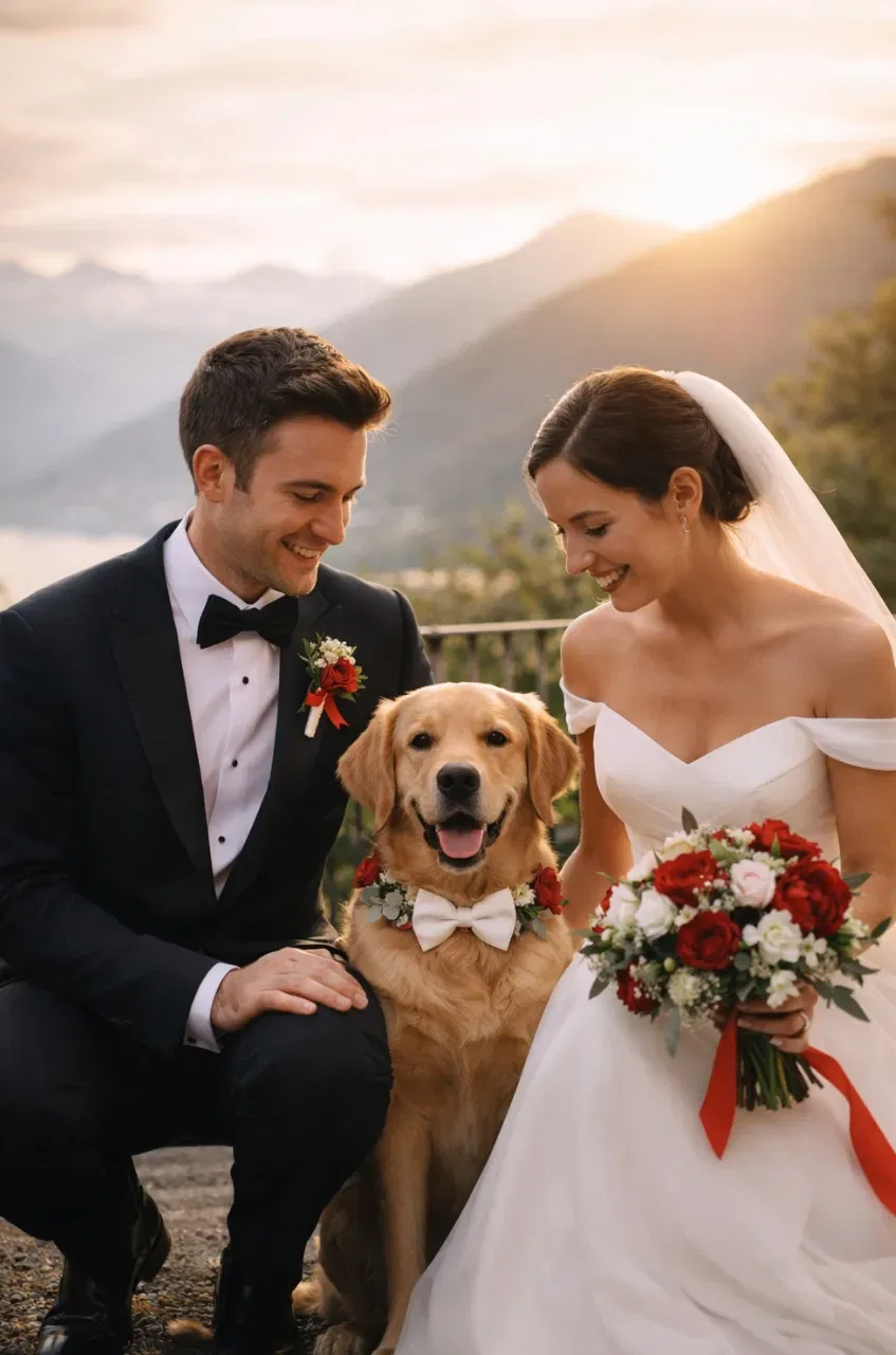 Sposi felici con il loro cane addobbato per il matrimonio nel Ticino.
