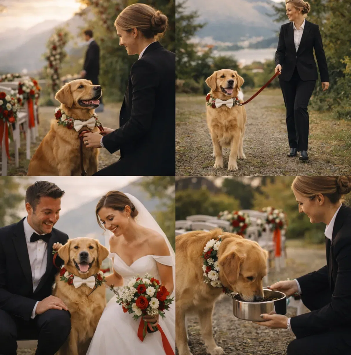 Collage di momenti del servizio: dog sitter con cane elegante, dettagli floreali, assistenza durante il matrimonio nel Ticino.