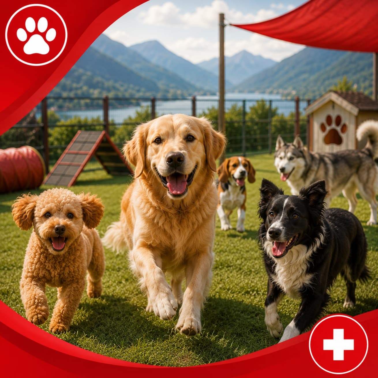 Asilo per cani in Ticino: cani che giocano e socializzano seguiti da personale competente